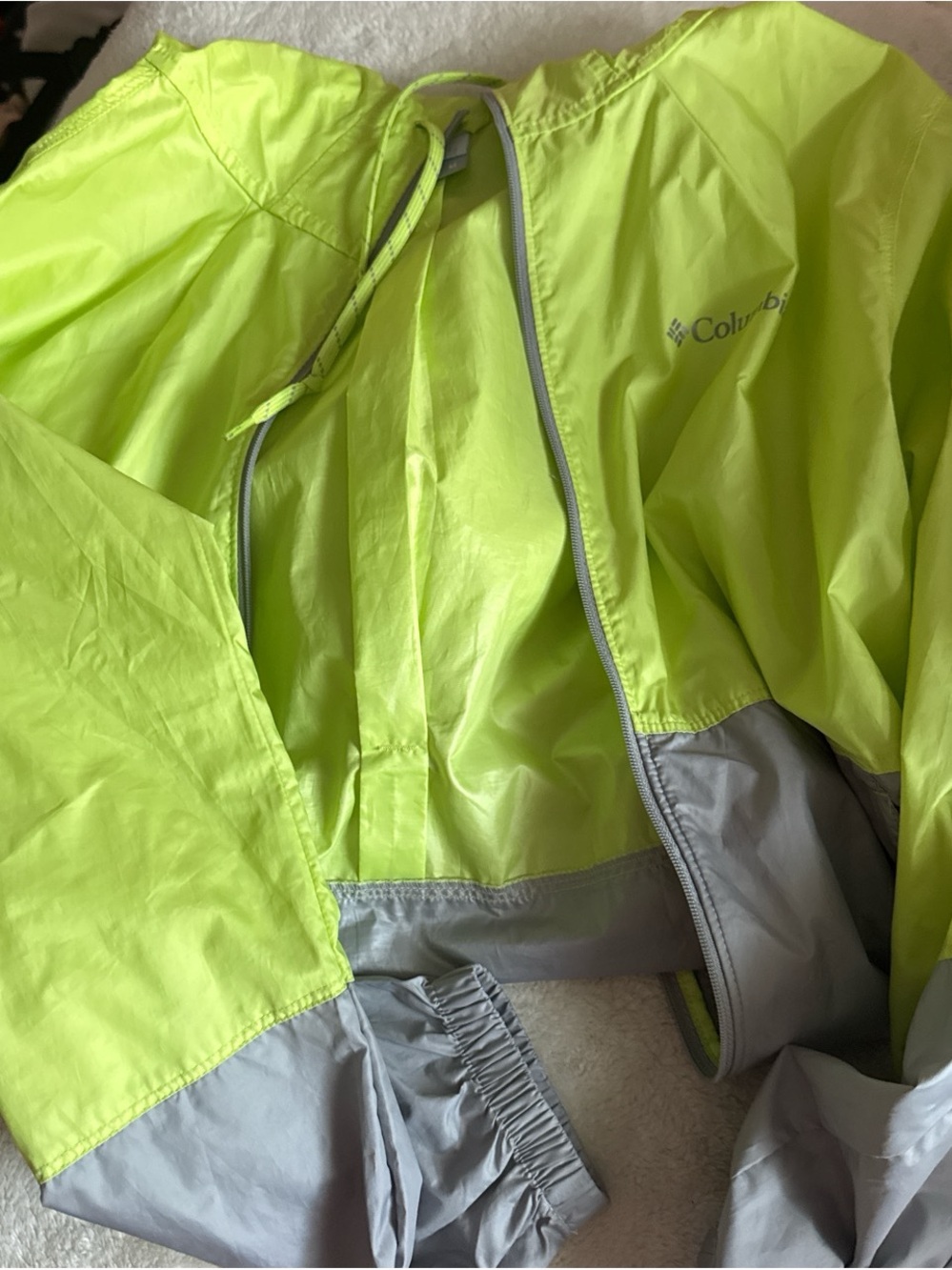 Columbia women’s Neon Yellow and Gray Packable Windbreaker Jacket